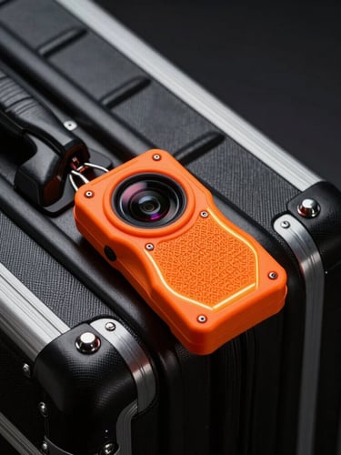 Macro shot of a heavy-duty black aluminum suitcase with a glowing aviation-orange telemetry tracking tag, sharp studio lighting, dark background.