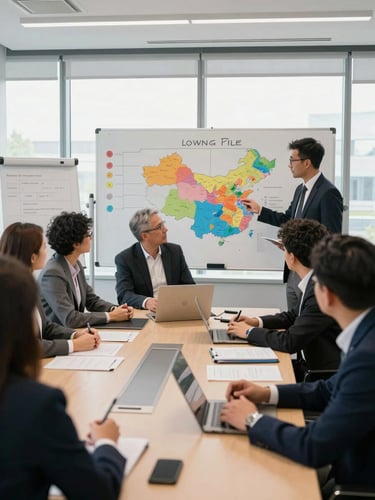Wide environmental shot of a sales team in a modern meeting room, whiteboards showing pipeline stages and territory maps, team members mid-discussion around a conference table, daylight from large windows, candid and active