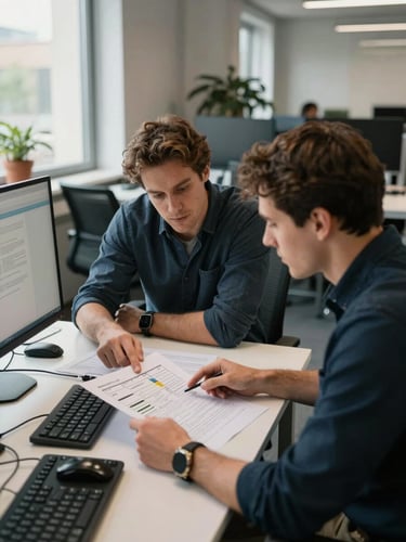Environmental shot looking into a mid-sized open-plan office, two colleagues reviewing a printed strategy document spread across a desk, one pointing to a section, natural window light from the left, real workspace context with monitors and notebooks visible, no posed smiling