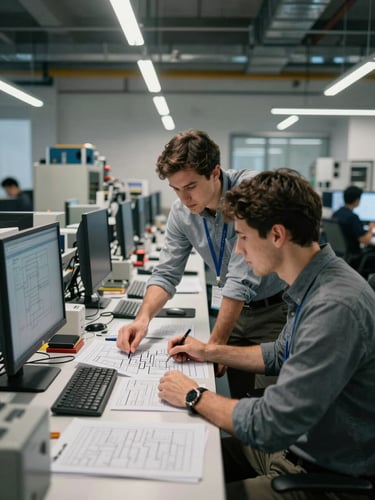 Wide environmental shot of a busy engineering office, two professionals reviewing technical documents spread across a standing desk under cool overhead lighting, one pointing at a circuit diagram, real industrial equipment visible in the background, mid-distance framing
