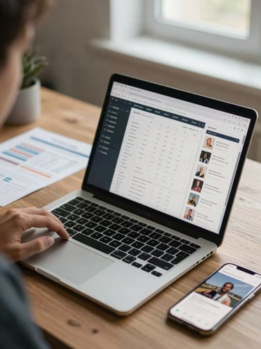 Close-up of a content strategist's desk with a laptop showing a social media scheduling dashboard, printed content calendar beside it, a phone displaying a published post, warm daylight from a nearby window, active working environment