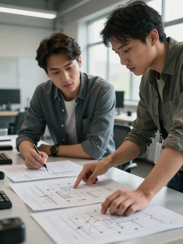 Medium close-up of two engineers reviewing technical schematics spread across a wide desk, one pointing at a diagram, industrial office environment with natural light from the right, neutral tones, active collaboration in progress