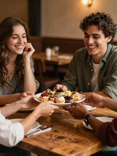 Medium shot, warm editorial photography. A group of four friends laughing around a rustic wooden table, soft ambient restaurant lighting, hands sharing a plate of artisanal appetizers, shallow depth of field, rich saturated tones.