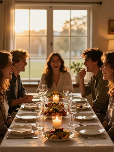 Candid medium shot of four friends laughing around a beautifully lit dinner table, golden-hour ambient window light, warm tones, shallow depth of field.