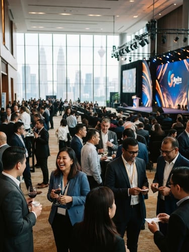 Wide panoramic shot of a modern corporate conference hall in Kuala Lumpur, stage illuminated with Bayu Ignitra branding, diverse professionals networking in foreground, warm natural light, editorial 35mm.