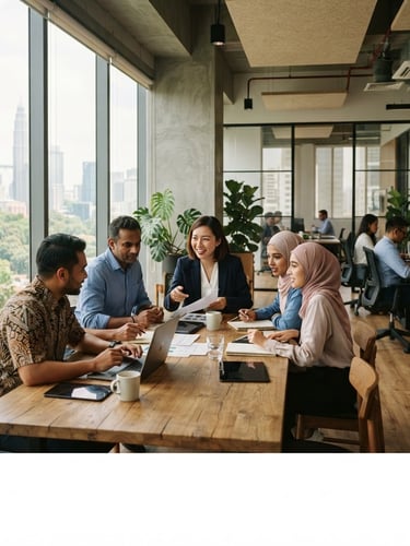 Wide panoramic of a modern, warm-lit Malaysian corporate office, diverse professionals collaborating at a large table, soft natural window light, shallow depth of field, editorial 35mm, subject off-center to the left