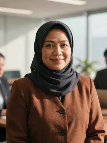 Dignified portrait of a diverse Malaysian female leader, smiling softly, in a modern, sunlit office environment, shallow depth of field, warm corporate photography.