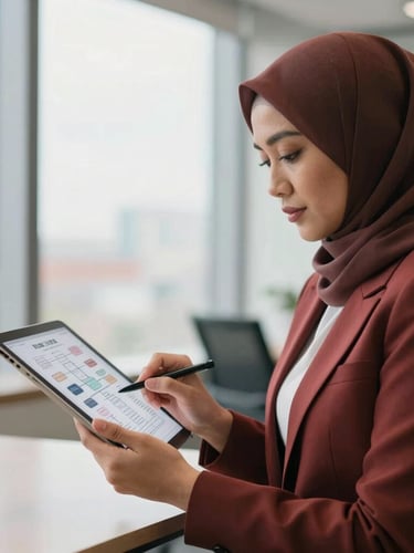 Professional Malaysian woman in a modern office environment, reviewing a digital document on a tablet, with a subtle overlay of a process flowchart, soft natural window light, editorial 35mm.