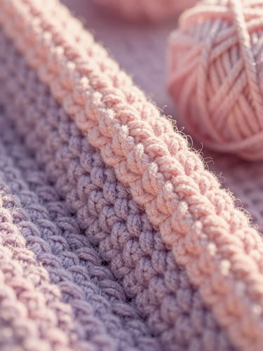 Close-up of hand-crocheted lavender yarn texture, soft golden-hour sunlight, warm and whimsical editorial photography, 35mm lens