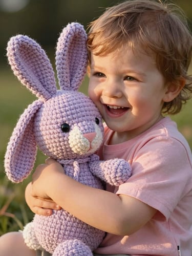 Close-up of a happy toddler hugging a hand-crocheted lavender amigurumi bunny, soft warm golden-hour side-lighting, highlighting yarn textures.
