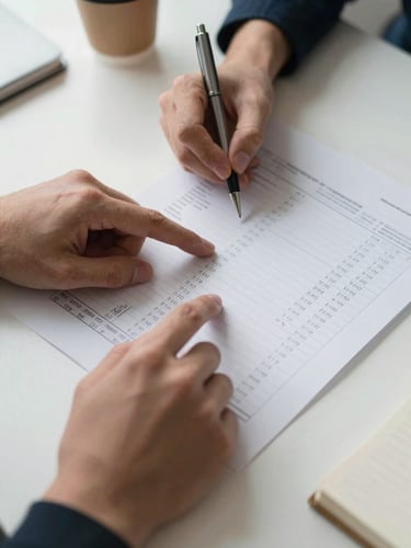 Close-up overhead shot of two pairs of hands at a work table — one holding a pen over a printed spreadsheet, the other pointing at a column of figures, natural window light from the side, coffee cup and notebook visible at the edge of the frame