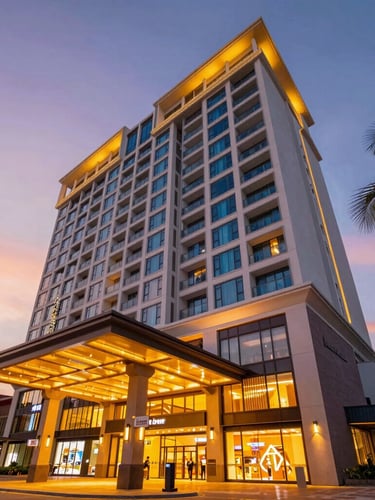 Modern hotel tower exterior at sunset, integrated with a vibrant shopping mall entrance, warm tropical twilight sky, architectural photography