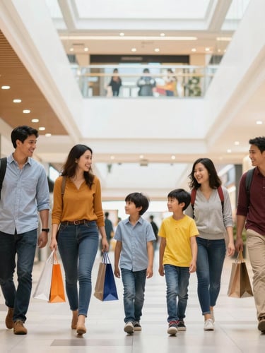 Lively family walking inside a bright, modern shopping mall corridor, carrying shopping bags, smiling and talking, warm natural lighting, editorial style, portrait aspect.