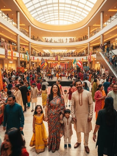 A vibrant, wide-angle shot of a bustling modern mall atrium during a colorful cultural festival, families smiling, warm golden lighting, editorial lifestyle photography style.