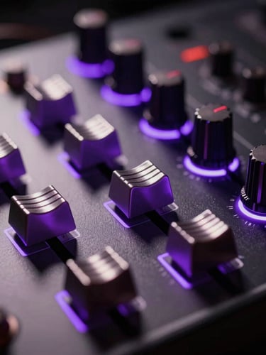 Extreme close-up of a glowing audio interface in a dark studio, electric purple neon rim lighting reflecting on metallic faders, high-contrast chiaroscuro, shallow depth of field.