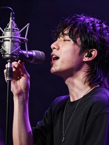 Side view of an independent artist singing passionately into a professional studio microphone, dramatic electric purple rim lighting, dark background, raw concert stage aesthetic.