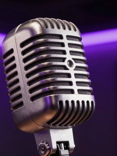 Extreme close-up of a vintage microphone in a dark recording studio, glowing electric purple neon light in the background, high-contrast chiaroscuro lighting, moody atmosphere.