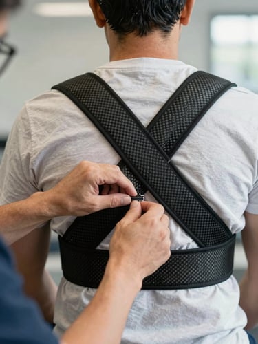 Plano detalle de un técnico ortopedista ajustando con precisión un arnés de fibra de carbono sobre un sistema postural, luz natural difusa y diáfana