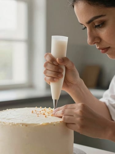 Close-up portrait shot of chef Valentina Forero's hands meticulously piping a delicate detail on a minimalist cake, soft natural light, clean modern kitchen background, elegant editorial photography, shallow depth of field