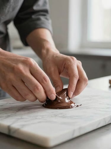 Valentina Forero, a chef, meticulously tempering chocolate on a marble slab, focus on her hands and the glossy chocolate, soft directional natural light, clean modern kitchen background.