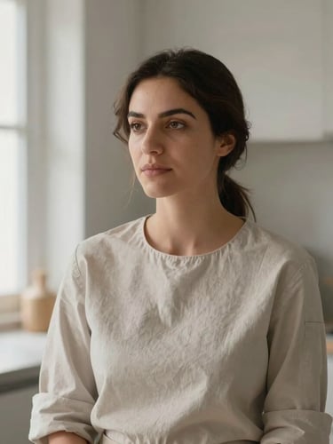 Sober portrait of Valentina Forero, chef, in a clean, modern kitchen, soft natural light, minimalist composition, shallow depth of field, she is looking slightly off-camera with a thoughtful expression.