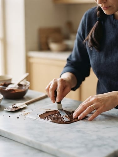 Valentina Forero, a pastry chef, teaching a masterclass in a modern, clean kitchen. Focus on her hands demonstrating a precise technique with chocolate, soft natural window light, minimalist background, elegant editorial photography.