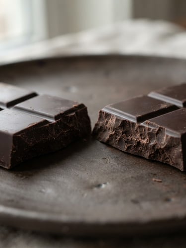 Macro shot of a perfectly tempered dark chocolate bar, snapped in half to reveal its rich texture, soft natural window light, minimalist composition, muted earth tones.