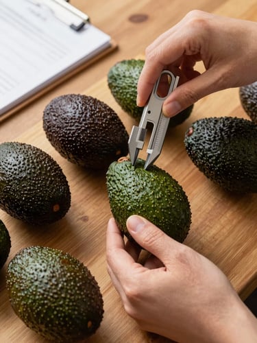 Close-up of hands using a calibration tool sorting ripe Hass avocados on a wooden harvest table in natural daylight, fruit showing correct ripeness cues, documentation clipboard visible at the edge of frame