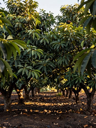 Lush green sapodilla fruit trees in a sunlit orchard with fertile dark soil and dense foliage.