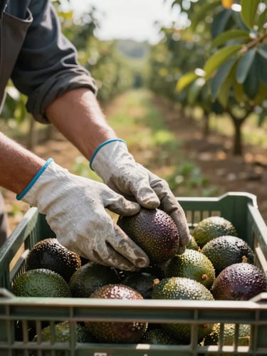 Close-up wide shot of a field worker's gloved hands placing a ripe Hass avocado into a harvesting crate, warm natural daylight, orchard rows visible in soft focus behind, crate label and field marker visible at the edge of frame, documentary framing