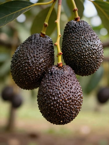 Close-up of ripe Hass avocados on a branch, dark pebbly skin showing mature ripeness cues, warm natural daylight filtering through orchard canopy, shallow depth of field with second cluster softly blurred behind