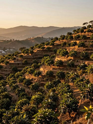 Wide panoramic view of Mascota, Jalisco valley at golden hour, rows of mature avocado trees descending hillside terraces to the right, warm amber light across the canopy, open sky and distant sierra ridgeline, no people visible