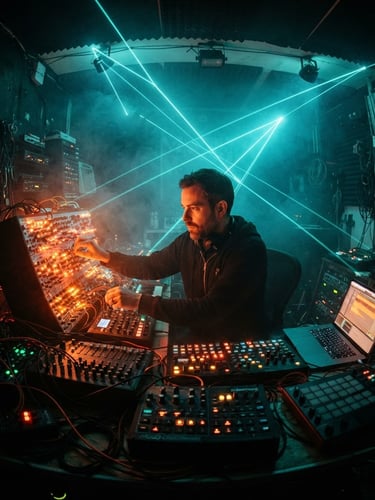 Wide-angle gritty photo of a music producer in a dark studio, illuminated by glowing ocean-teal lasers and safety-orange modular synth LEDs, smoke machine haze.