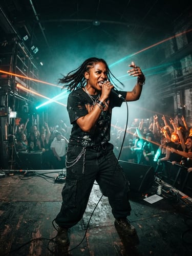 Wide-angle gritty night shot of a female hip hop artist performing under glowing teal and safety orange laser lights in a dark warehouse, holding a microphone, high energy, dynamic pose