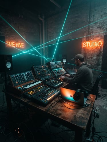 Dynamic wide-angle shot of a dark music studio illuminated by glowing teal lasers and orange neon, analog gear on a wooden desk, atmospheric warehouse vibes