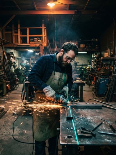 Wide-angle gritty photo of a maker wearing safety glasses in a dark Santa Cruz warehouse, sparks flying from a metal grinder, illuminated by a sharp teal laser line.