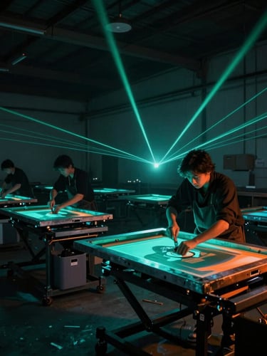 Gritty night-scene photography of an artist screen-printing apparel in a dimly lit warehouse, glowing teal and orange light, wide-angle lens