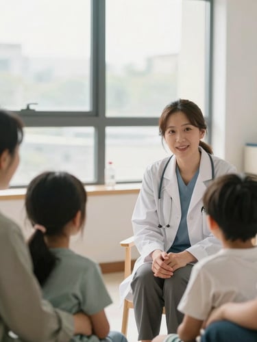 A community health advocate talking warmly with a family in a bright, natural-light clinic waiting room, soft overcast daylight, 35mm lens