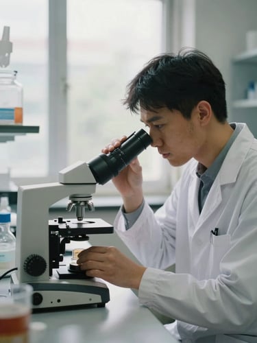 A focused medical researcher in a modern, natural-light laboratory looking at a specimen, soft window lighting, shallow depth of field, 35mm lens