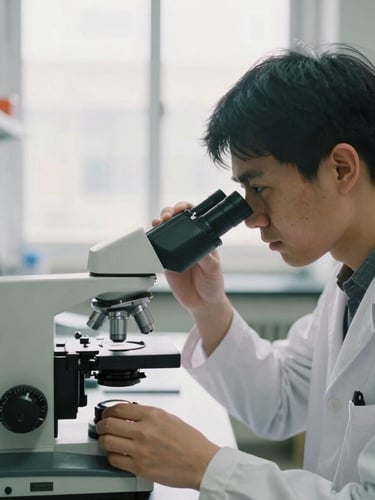 A researcher in quiet focus adjusting a microscope in a bright, natural-light laboratory environment, muted organic tones, shallow depth of field