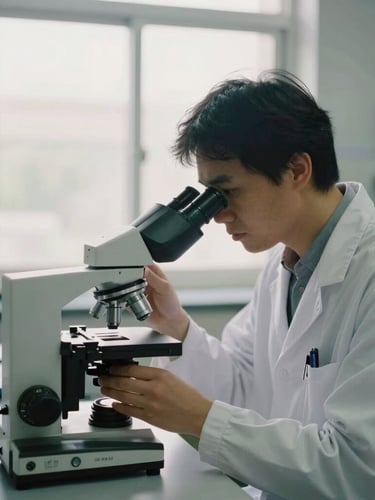 A medical researcher in quiet focus adjusting a microscope under soft, natural window light in a clean laboratory environment.