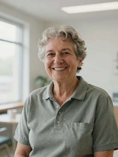 A quiet, natural-light portrait of an elder community health advocate smiling warmly in a bright, modern neighborhood clinic, soft overcast daylight, 35mm lens.