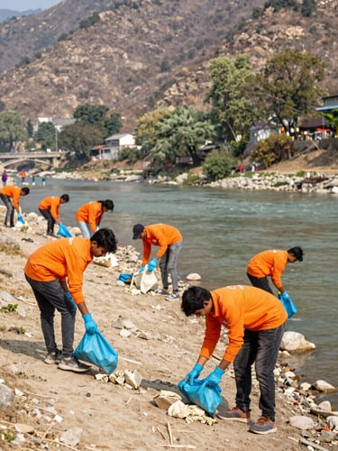 Portrait 9:16 frame of youth volunteers cleaning the Arpa river bank in Bilaspur, bright natural daylight, action shot.