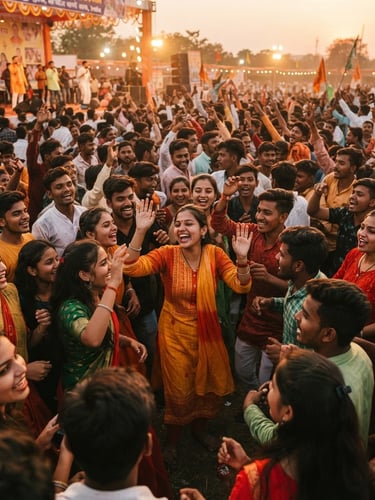 A vibrant, high-energy crowd of local youth gathered at an outdoor community festival in Bilaspur, warm golden hour sunlight casting a rich orange glow over the energetic faces.