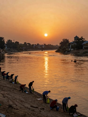 Volunteers cleaning the scenic banks of the Arpa River in Bilaspur during golden hour, vibrant orange sunset reflecting on water, editorial regional photography