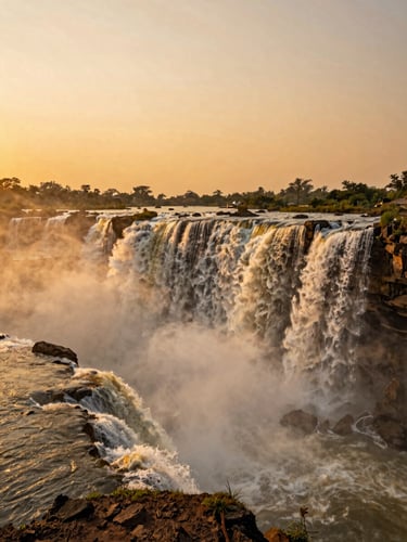 Wide environmental shot of Chitrakote Waterfalls in Bastar during golden hour, roaring water, mist rising, sunset lighting, vibrant warm saffron sky