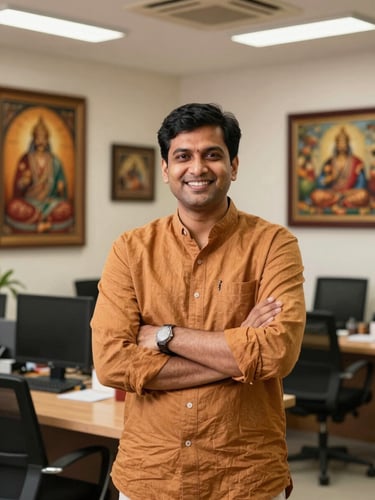 A professional portrait of founder Pradeep Sahu, an IIT Kanpur alumnus, smiling confidently, warm natural lighting, modern office setting with regional artifacts in the background.