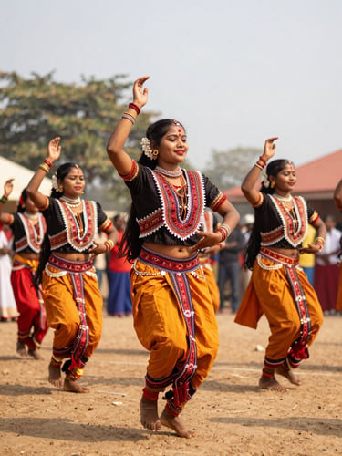Portrait 9:16 frame of Bastar tribal dancers in vibrant traditional attire, dynamic motion blur, energetic festival lighting.