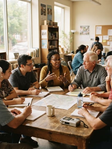 A medium environmental shot of a collaborative community meeting in a sunlit room, local leaders discussing plans around a wooden table, warm editorial photography, soft natural daylight, 35mm film aesthetic.
