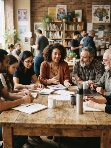 A wide, warm editorial photograph of community organizers meeting around a wooden table in soft natural daylight, rich organic tones, candid 35mm film aesthetic